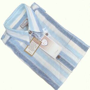 Bohio Casual Linen Short Sleeve Shirt in Blue with Stripe Size S